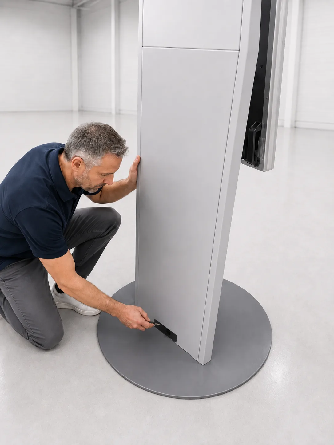 Eine Person stellt am aufgebauten PRESENTER die Stromverbindung her