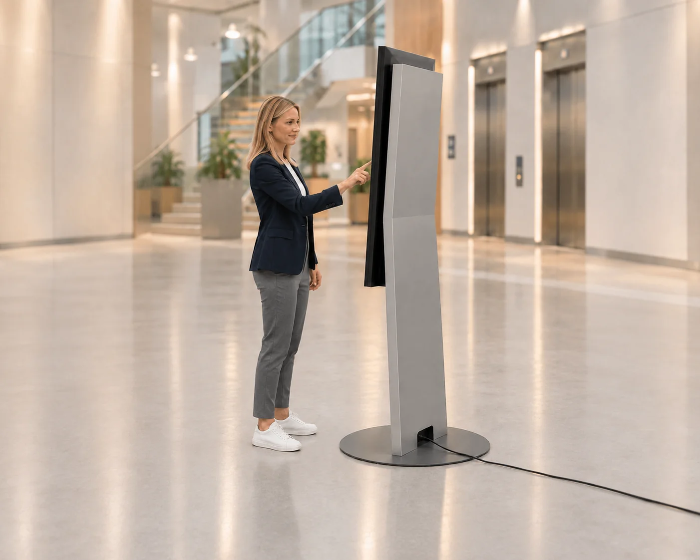 Eine Besucherin bedient einen PRESENTER selbstständig in einem Foyer
